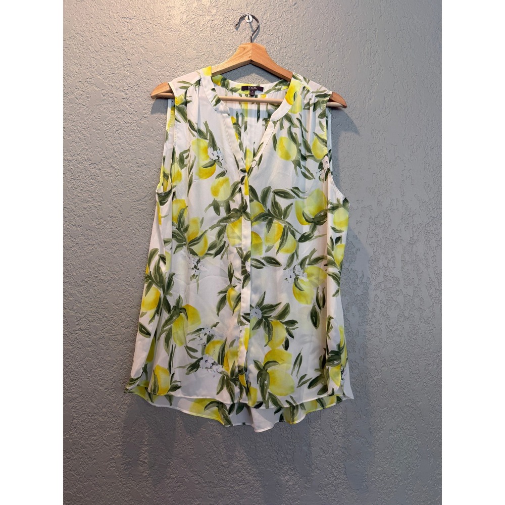 NYDJ Sleeveless Lemon Print Blouse White Yellow Floral V-Neck Pleated Back Large